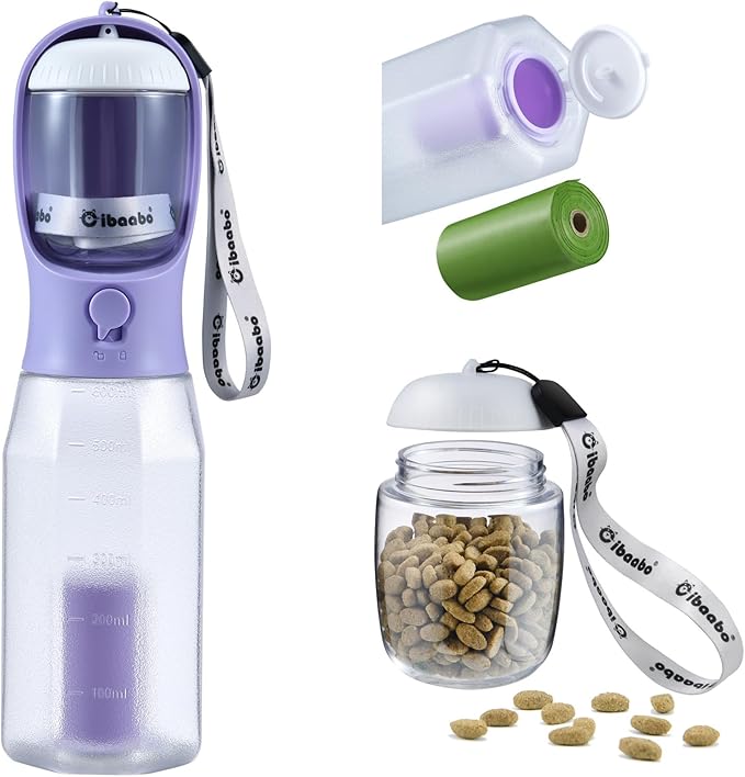 Cibaabo Dog Water Bottle with Food Container & Poop Bag Holder & Filter | Travel Water Bowl, Portable Pet Dispenser, Dog Gifts, Puppy Essentials for Walking Hiking