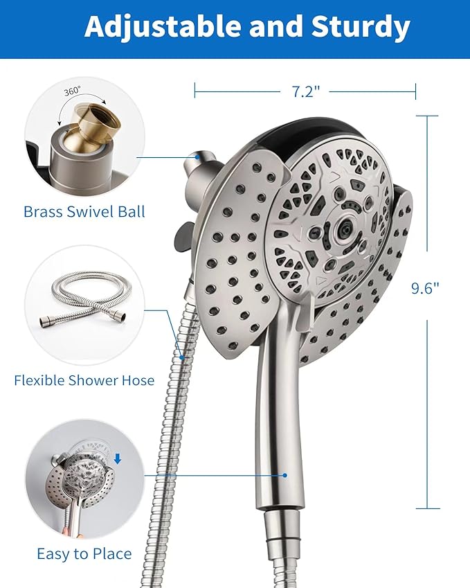 INAVAMZ 2.5GPM Shower Heads with Handheld Spray Combo: 7.2" Rainfall Shower Head & Hand Held Shower Head 2-IN-1 Shower Head with 60" Rotatable Stainless Steel Hose Nickel, Shower Trim Systems