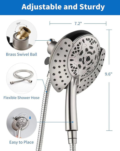 INAVAMZ 2.5GPM Shower Heads with Handheld Spray Combo: 7.2" Rainfall Shower Head & Hand Held Shower Head 2-IN-1 Shower Head with 60" Rotatable Stainless Steel Hose Nickel, Shower Trim Systems