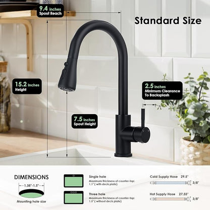 Kitchen Faucet with Pull Down Sprayer, Matte Black High Arc Single Handle Bar Sink Faucet, Stainless Steel, 3 Mode, Grifos para Fregaderos de Cocina