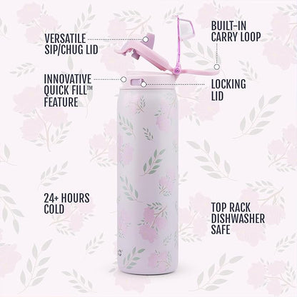Ello Pop & Fill 22oz Stainless Steel Water Bottle with QuickFill Technology, Double Walled and Vacuum Insulated Metal, Leak Proof Locking Lid, Straw and Chug, Reusable, BPA Free, Blossom Bliss