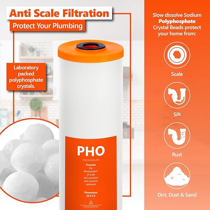 Express Water Whole House Water Filter Set for Anti Scale – 3 Stage Filtration Water Conditioner Replacement Kit – Sediment, Carbon Block, Polyphosphate High Capacity Cartridge – 4.5” x 20” inch