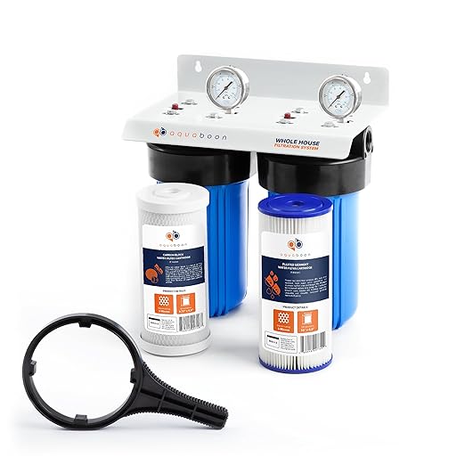 Aquaboon 2-Stage Whole House Water Filter System with 10x4.5 Water Filter Cartridges | Reducing Sediment & Odors with Gauge & Release, Wrench, Bracket