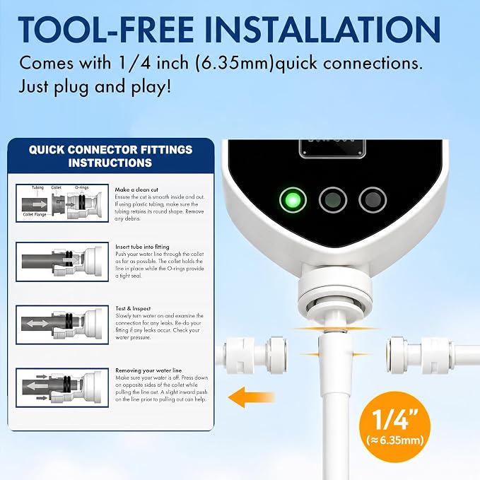 Inline TDS Water Quality Monitor,1/4"Quick Connect for Aquarium&RO | Inline TDS water quality monitor with 1/4" quick connect & 3-color indicator light. ±2% titanium sensor for RO & aquarium.