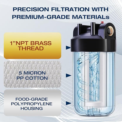 H&G lifestyles Garden Hose Water Filter System for RV Transparent Housing | 4.5 x 10 PP Cotton Cartridge Pre-Filter, Fresh Drinking Water for RV Campers, 30,000 Gallons