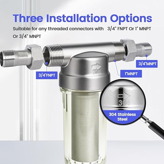 304 Stainless Steel 40 Micron Spin Down Water Filter, Whole House Spin Down Sediment Water Filter, Reusable Flushable Pre-Filtration System, 1" MNPT + 3/4" FNPT+3/4MNPT, BPA Free