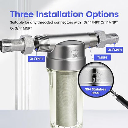 304 Stainless Steel 40 Micron Spin Down Water Filter, Whole House Spin Down Sediment Water Filter, Reusable Flushable Pre-Filtration System, 1" MNPT + 3/4" FNPT+3/4MNPT, BPA Free