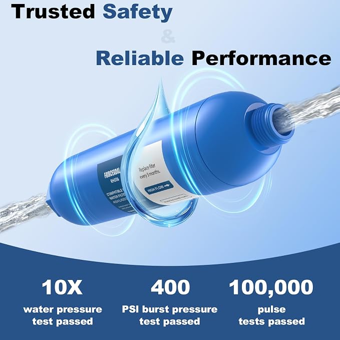 RV Water Filter with 2 Flexible Hose Protector, NSF Certified, 4 Pack Inline Water Filter Reduces Chlorine, Bad Taste, Odor, Sediment, RV Accessories for Campers, Marine, Garden Hose, Boat