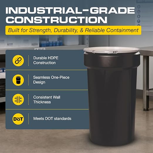 Eagle Plastic Drum, 55 Gallon Drum, DOT Compliant, Made in USA, Black | High-Density-Polyethylene Construction, Open Head Lab Pack Drum, Metal Lever-Lock Lid, Hazardous Material Storage, Transport