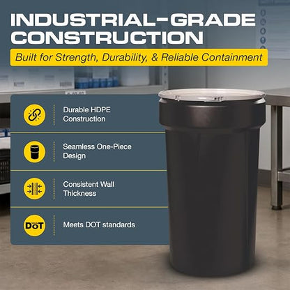 Eagle Plastic Drum, 55 Gallon Drum, DOT Compliant, Made in USA, Black | High-Density-Polyethylene Construction, Open Head Lab Pack Drum, Metal Lever-Lock Lid, Hazardous Material Storage, Transport