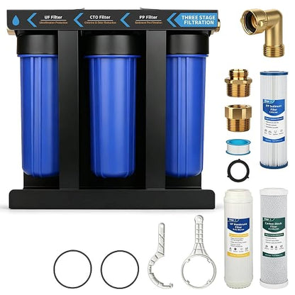3-Stage RV Water Filter System, 0.01 Micron UF Filter, 1" Brass Inlet/Outlet, 90° Elbow Adapter, Reduces Sediment, Heavy Metals, Chlorine and More, Cleaner Water for RVs, Campers and Trailers
