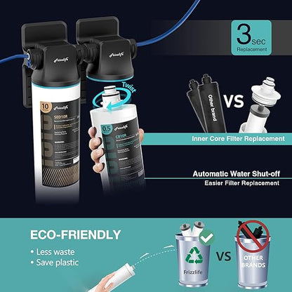 Frizzlife DW10F Under Sink Water Filter System with Brushed Nickel Faucet, NSF/ANSI 53&42 Certified Elements, Reduces 99.99% Lead, Chlorine, Fluoride, Bad Taste & Odor, 0.5 Micron, USA Tech Support