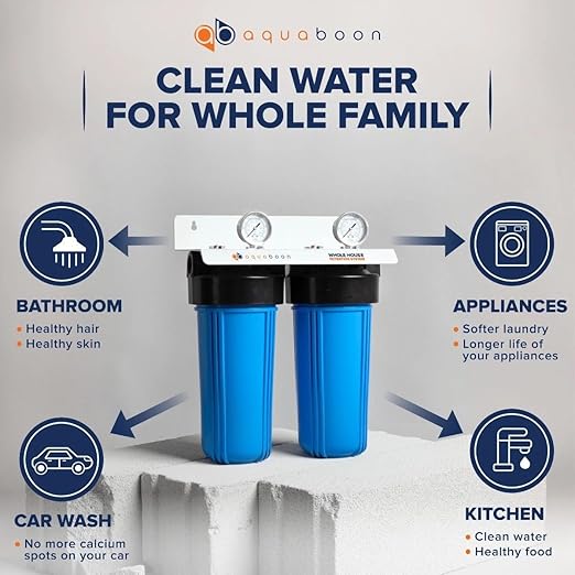 Aquaboon 2-Stage Whole House Water Filter System with 5 Micron 10x4.5 House Water Purification Reducing Sediment and Odors, Carbon Chlorine Reduction Filter (CTO), Pressure Gauge, Wrench, Bracket