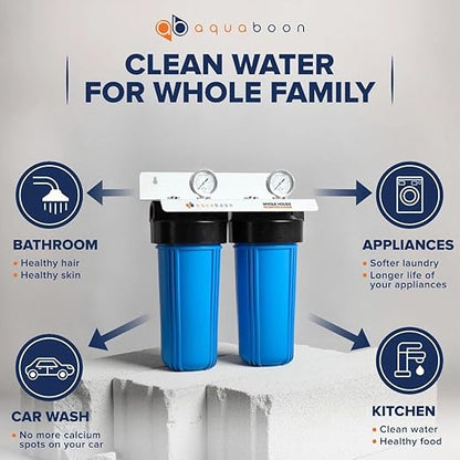 Aquaboon 2-Stage Whole House Water Filter System with 5 Micron 10x4.5 Anti-Scale Reducing Sediment Water Purification and Carbon Chlorine Reduction Filter, Pressure Gauges, Wrench, Bracket