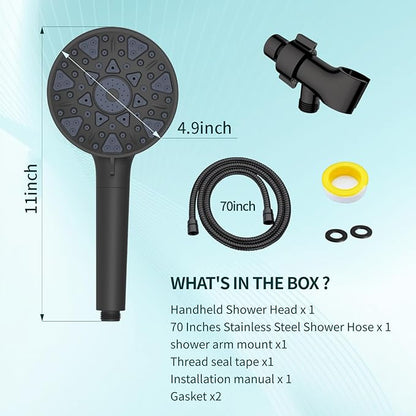 Black High Pressure Handheld Filtered Shower Head, 7 Spray Settings with Water Saving Pause Mode, for Hard Water Remove Chlorine Relieve Dry Skin, Universal Replaceable Filter