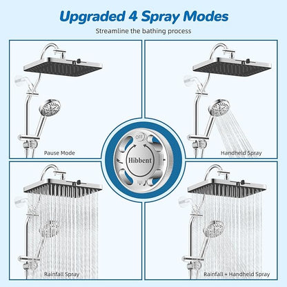 Hibbent cUPC Certified 13'' Shower Head Combo, High Pressure 5 Spray Rainfall Showerhead, 10 Spray Mode Handheld, All Metal Easy Reach 4-way Diverter Arm with Pause Mode, 71'' Hose and Holder, Chrome