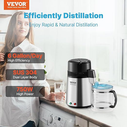 VEVOR Water Distiller, 4L/1.1 Gallon Pure Water Purifier Filter for Home Countertop, 750W Distilled Water Maker, Stainless Steel Interior Distiller Water Making Machine to Make Clean Water, Silver