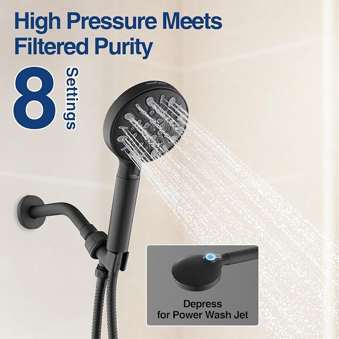Filtered Shower Head with Handheld, 8 Spray Mode High Pressure Showerhead with Filters, Detachable shower head, Water Softener Filters for Hard Water, Remove Chlorine(N8HS702MB-NA)