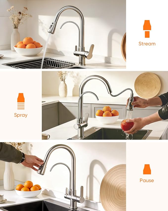Kitchen Faucet with Water Filter Spout — 2-in-1 Brushed Nickel Pull-Down Sink Faucet, NSF-Certified Filtered Water Tap, Single-Handle with Detachable Deck Plate Fits 1 or 3 Hole by OWOFAN