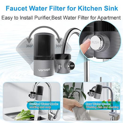 Vortopt Advanced Water Purifier for Sink,360° Rotary 400 Gallons Faucet Water Filter for Kitchen Sink,NSF Certified Reduces Chlorine & Bad Taste with 1 Replacement,T6-CTO-Black.