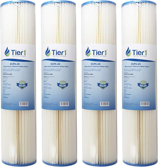 Tier1 5 Micron 20x4.5 Water Filter | Pleated Polyester Whole House Sediment Cartridge | Replacement for Pentek ECP5-20BB, 255494-43, 4PAY5 | Fine Sediment Control | 4.5 x 20 Water Filter (4-Pack)