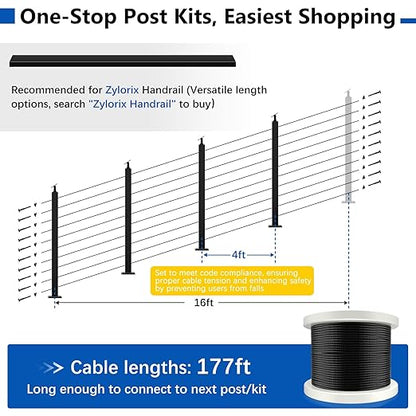 36" Modular 12-16FT Black T304 Stair Cable Railing Post Kit, Cable Railing System with 4 Stair Posts, 177ft 1/8" Wire Rope(No Handrail), Adjustable Length Easy DIY for 28-38° Stairway