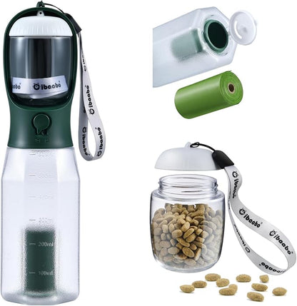 Cibaabo Dog Water Bottle with Food Container & Poop Bag Holder & Filter | Travel Water Bowl, Portable Pet Dispenser, Dog Gifts, Puppy Essentials for Walking Hiking