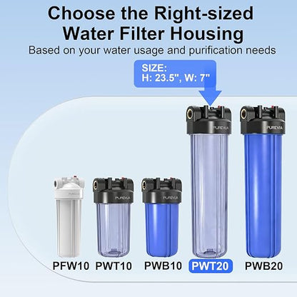 PWT20 Whole House Water Filter Housing, Fits 20” x 4.5” Big Blue Filters, Inline Pre-Filtration System for RV, Home Well and City Water Sediment etc with 1" NPT Port, Pressure Relief Valve