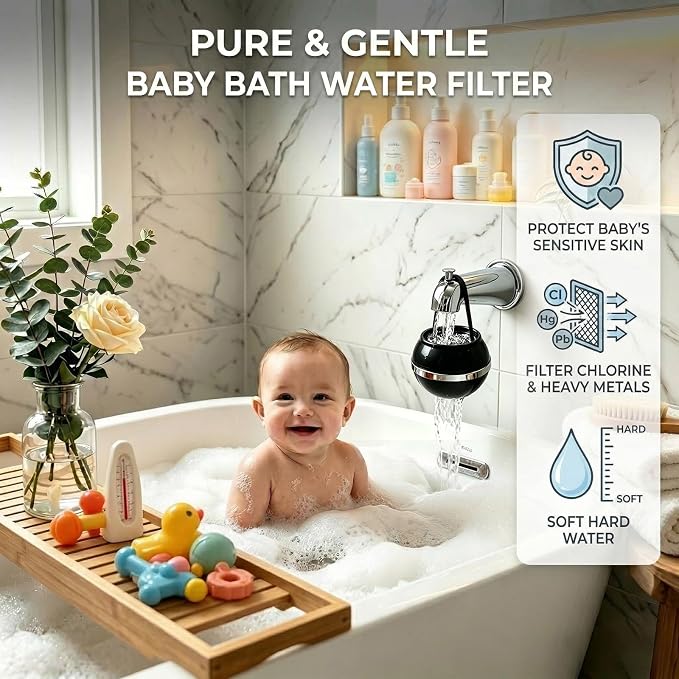 Bath Filter for Tub Faucet,Kinder Bathtub Water Filter for Kids & Babies,3000 Gallons Filtration,Hard Water Softener,Removes Chlorine & Fluoride for Healthy Skin, Hair & Nails,Black