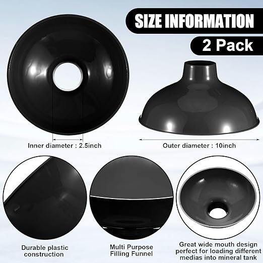 Vesici 2 Pack Extra Large Wide Mouth Funnel Black 2.5" x 10" Multi Purpose Filling Funnel Plastic Reusable for Water Softener Resin Tanks Carbon Media Jar Filling Use
