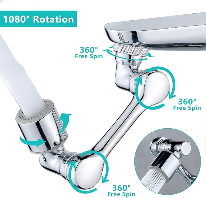 1080°Swivel Faucet Extender, Sink Water Faucet Aerator Extension in Brass, Swivel Robotic Arm Bathroom Faucet Extender, Kitchen Rotating Extension Filter with 2 Mode Splash