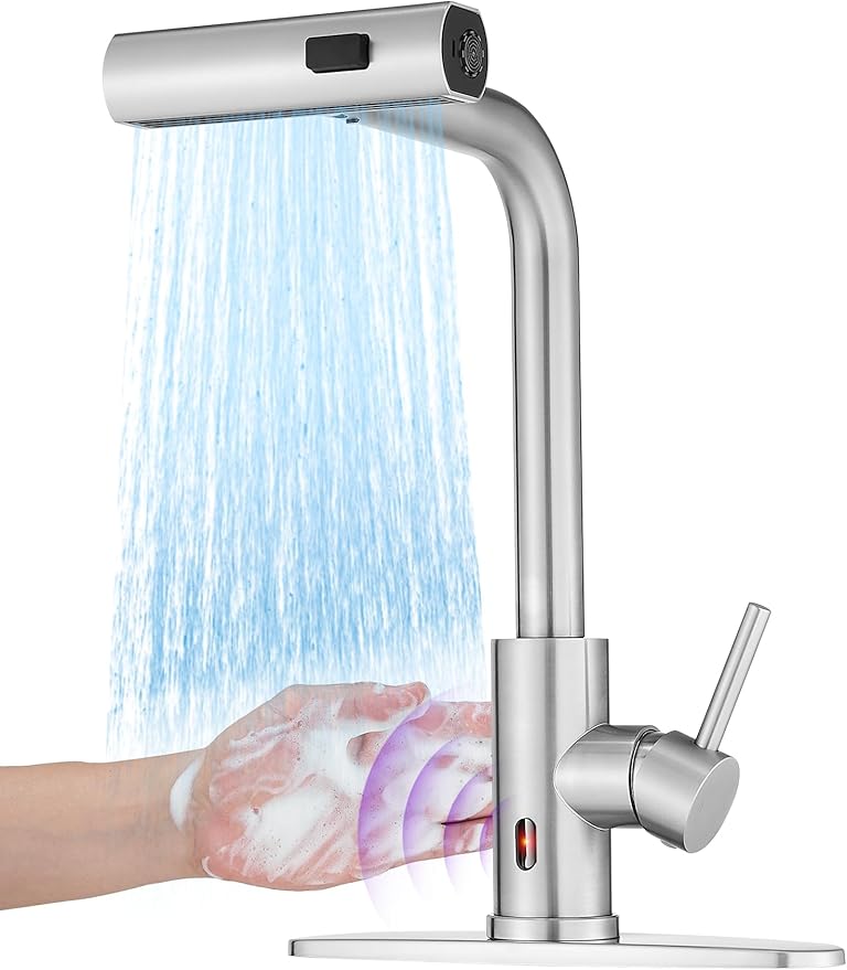Touchless Kitchen Faucets with Pull Down Sprayer,Waterfall Kitchen Sink Faucet,Commercial Utility Stainless Steel Kitchen Faucets,Single Handle Kitchen Sink Faucet for 3 Function,Brushed