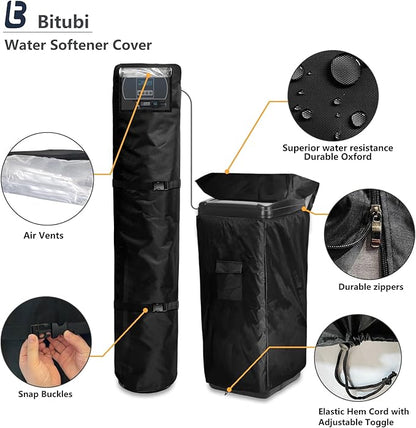 Bitubi 2Pcs Water Softener Cover, Outdoor Softener Tank/Filter Cover + Brine Tank Cover,Upgraded Top with Adjustable Transparent PVC Window, All Weather Protection, Black
