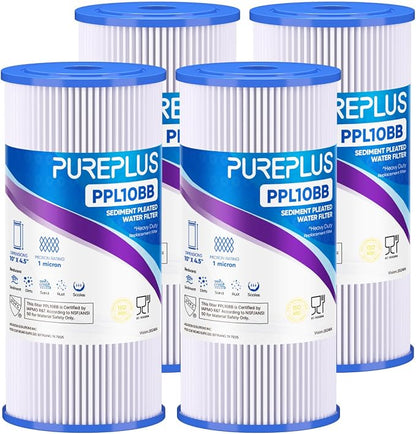 PUREPLUS 1 Micron 10" x 4.5" Whole House Pleated Sediment Filter for Well Water, Replacement Cartridge for GE FXHSC, Culligan R50-BBSA, Pentek R50-BB, DuPont WFHDC3001, W50PEHD, GXWH40L, 4Pack