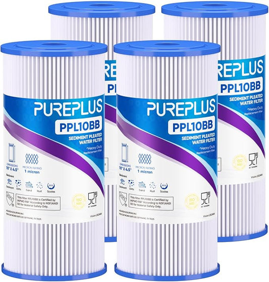 PUREPLUS 1 Micron 10" x 4.5" Whole House Pleated Sediment Filter for Well Water, Replacement Cartridge for GE FXHSC, Culligan R50-BBSA, Pentek R50-BB, DuPont WFHDC3001, W50PEHD, GXWH40L, 4Pack