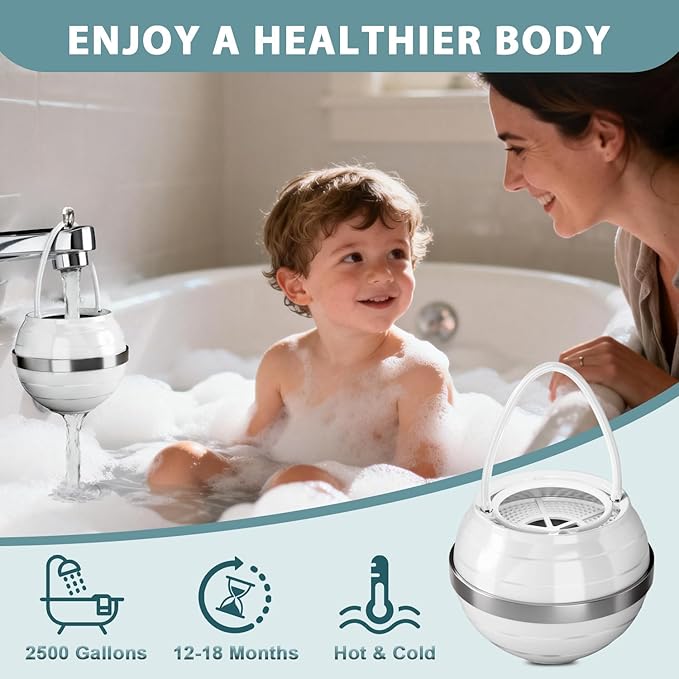 Bath Filter for Tub - Bathtub Water Filter with Splash Guard Removes Chlorine, Chloramines & Byproducts, 2,500 Gallons, Bath Water Filter Suitable for Baby & Those, Sensitive Skin, Easy Install