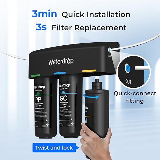 Waterdrop TSB-10-CM Under Sink Water Filter System, Reduce Chloramine | For CA, FL and Washington, D.C., Under Sink Water Filtration System, with Brushed Nickel Faucet, NSF/ANSI 42 Certified