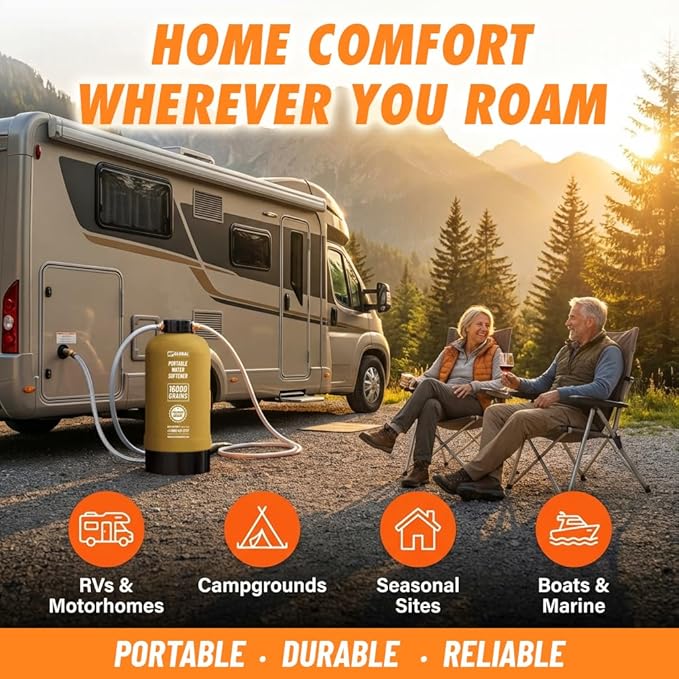 RV Water Softener Portable - 16,000 Grain, 3/4" GHT Fittings, Convenient Water Softener for RVs, Trailers, Boats, Mobile Car Washing, Pressure Washing