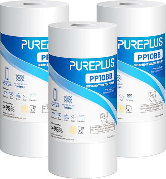 PUREPLUS 1 Micron 10" x 4.5" Whole House Sediment Home Water Filter Replacement Cartridge for RFC-BBSA, HD-950, WFHD13001B, W15-PR, GXWH30C, GXWH35F, AP817, PP10BB, 3PACK