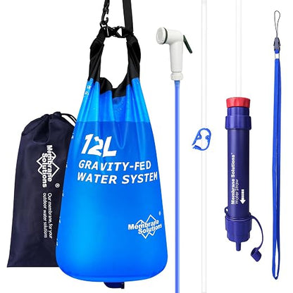 Membrane Solutions 12L Gravity Water Filter Max with Shower for Camping | NSF/ANSI 42, 372 & 401 certified; 0.1-micron 4-stage filter, 1,320-gal life for group camping, RV trips & emergencies