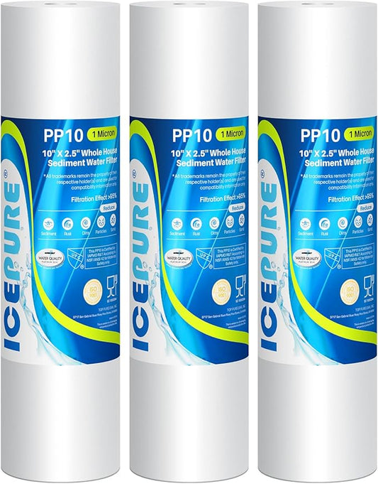 ICEPURE 10"X2.5" 1 Microns Whole House Sediment RO System Water Filter Replacement for Any 10 inch RO Unit, Dupont WFPFC5002, Aqua Pure AP110, Culligan P5, GE FXUSC, Whirpool WHKF-GD05, PP10-05, 3PACK