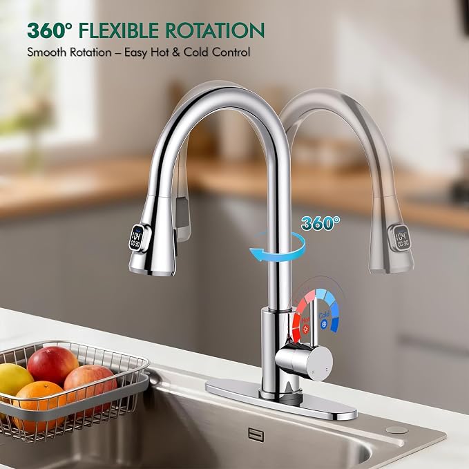 HOMELODY LED Temperature Display Kitchen Faucet with Pull Down Sprayer - Polished Chrome Single Handle Faucet for Kitchen Sink, High Arc Stainless Steel Design for RV Laundry Farmhouse Bar