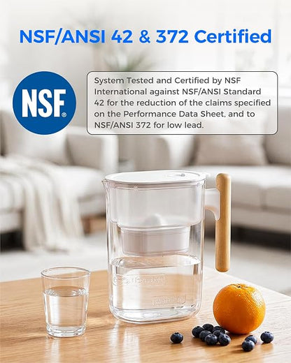 Waterdrop PT-04C Water Filter Pitcher, 10-Cup, NSF Certified, Clear | 200-Gallon Long-Life Filter, 5X Longer Filter Life, Reduces PFOA/PFOS and Chlorine, BPA-Free, Sturdy Wooden Handle