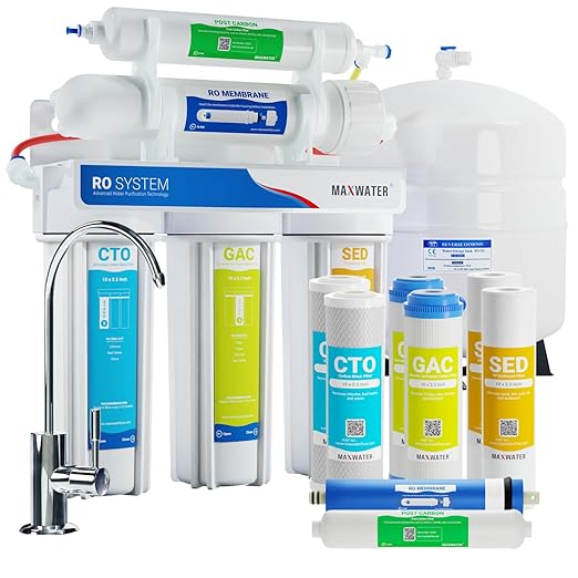 Max Water 100 GPD Reverse Osmosis Water Filtration System - 5 Stage RO System with NSF Certified Tank, Faucet and 4 Extra Filters - Under-Sink/Wall Mount System - Model : RO-5W2