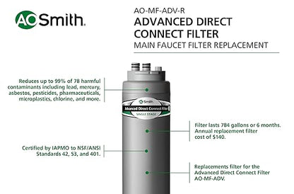 AO Smith Advanced Direct Connect Under Sink Replacement Filter for AO-MF-ADV System - Claryum Filtration Reduces Up To 99% of 78 Harmful Contaminants - AO-MF-ADV-R
