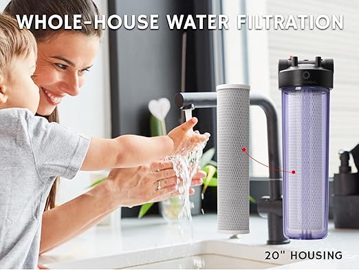 Airthereal Whole House Water Filter Housing, Sediment Filter for Well and City Water, 20"x4.5" Sediment Water Filter Cartridges with 3/4" NPT Port, Pre-Filtration System Includes 1-Pack CTO Filter