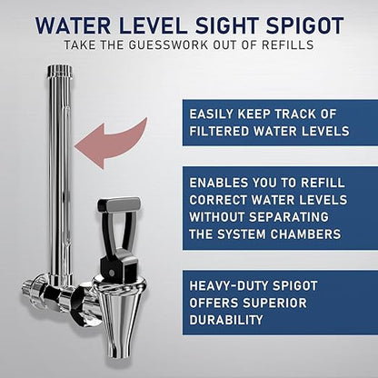 USWF Gravity Fed Water Filter System, 2.25 Gal Stainless Steel, w/ 2 Carbon Filters, 2 Fluoride Filters, Portable w/Metal Sight Glass Spigot & Stand, NSF/ANSI 372 Certified