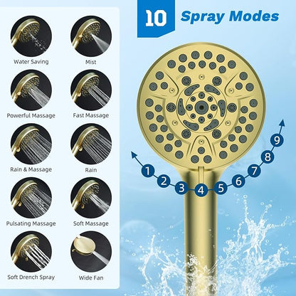 Hibbent cUPC Certified All Metal 10" Rainfall Showerhead Combo, High Pressure Shower Head with 10-Spray Handheld, Innovative 4-way Diverter with Pause Mode, 71'' Shower Hose & Holder, Burshed Gold