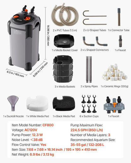 VEVOR 224.5GPH Canister Filter, 3-Stage External Aquarium Filter with Powerful Pump, Quite Water Circulation Cleaning Machine with Media for Fish Tanks and Aquariums Up to 55 Gallons, for Freshwater