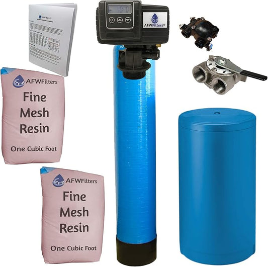 AFWFilters 2 cubic Foot (64k) Whole Home Iron Pro Water Softener with Fine Mesh Resin,1" Stainless Steel FNPT Connection, and Blue Tanks